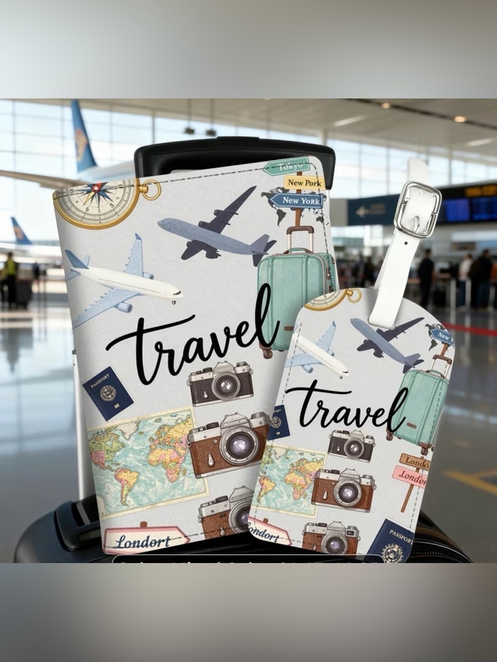 Travel-Themed Tag Set with Camera and Map Motif